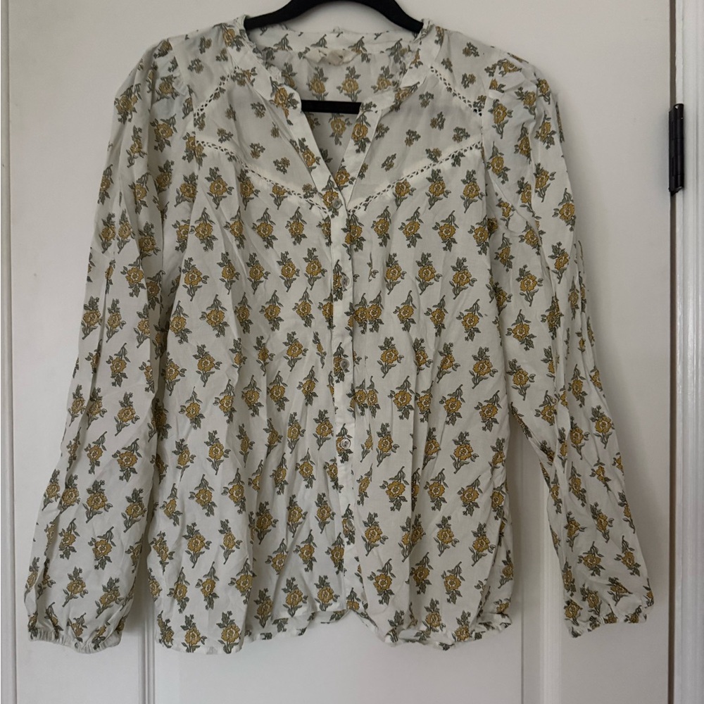 Lucky Brand White Yellow Floral Eyelet Blouse Boho Cotton Peasant Prairie